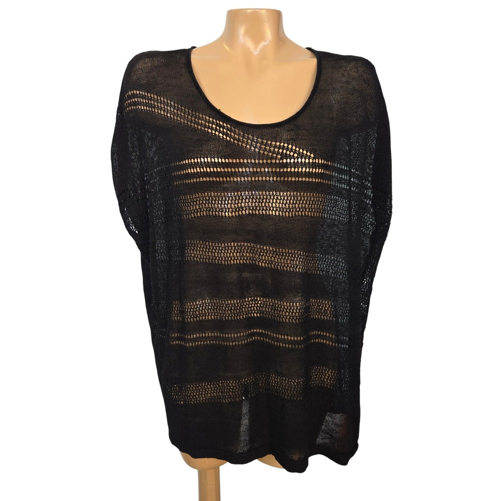 Chico's Travelers Collection Black Open Knit‎ Striped Poncho Sweater Top Size 2